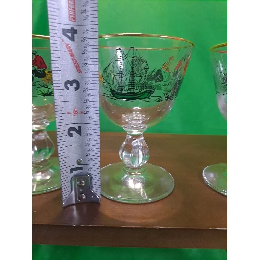 Vintage Libbey /Set of 5 /Treasure‎ Island Pirates /8 oz. Gold Rim Bar  Glasses